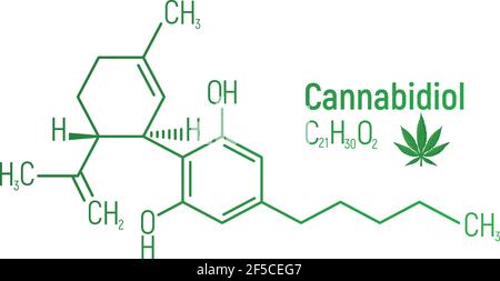 Cannabidiol Konzept chemische Formel Icon Label, Text Schriftart Vektor Illustration, isoliert auf weiß. Periodensystem, süchtig machende Droge Cannabis stu Stock Vektor