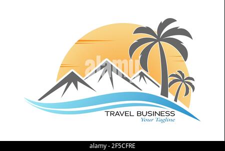 Berge, Meer, Palmen und Sonne. Vektor-Vorlage für ein Logo, Emblem oder Aufkleber, isoliert auf weißem Hintergrund. Flacher Style. Stock Vektor
