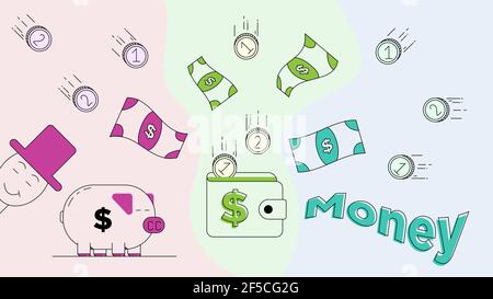 Doodle Geld Finanzen Münzen und Banknoten fließen auf weißem Hintergrund Vektor-Illustration. Stock Vektor