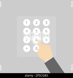 Geben Sie Zahlen über das virtuelle numerische Tastenfeld ein. Die Hand eines Mannes berührt die Zahlen auf der virtuellen Tastatur. Flaches Design. Stock Vektor