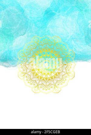 Hintergrund A4 Vorlage Rahmen Layout Design leuchtend blau türkis Wolken Aquarell Mandala floral Ornament Gold weiß edel einfach schön retro Stockfoto
