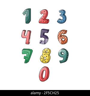 Das Set der kreativen handgezeichneten Zahlen im kindischen Stil. Stock Vektor