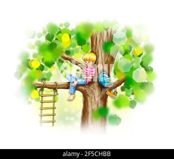 Kind Junge sitzt barfuß auf Ast Baum hält Buch in Hand liest hängende Leiter Blätter grün funkeln Glitter Frieden Ruhe Entspannung allein Rucksack ein Stockfoto