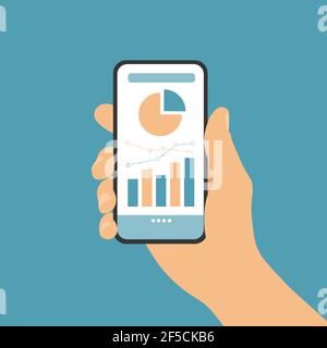Flaches Design Vektor, Hand halten Handy mit weißem Touchscreen und Finanzkarte, isoliert auf grünem Hintergrund, geeignet für Infografiken. Stock Vektor