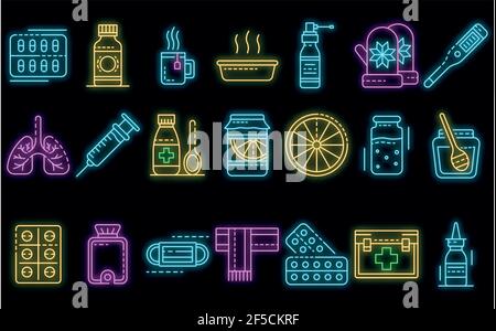 Symbole für Grippe-Kranken eingestellt. Umriss Satz von Grippe krank Vektor-Symbole Neonfarbe auf schwarz Stock Vektor