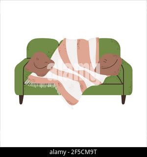 Einzelnes grünes Sofa mit Kissen und karierten handgezeichneten Illustrationen im skandinavischen Stil. Vector Clip Kunst der Couch mit Kissen und Teppich isoliert auf whit Stock Vektor