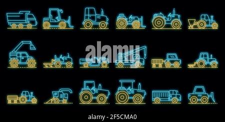 Symbole für landwirtschaftliche Maschinen gesetzt. Umriss Satz von landwirtschaftlichen Maschinen Vektor-Icons Neon-Farbe auf schwarz Stock Vektor