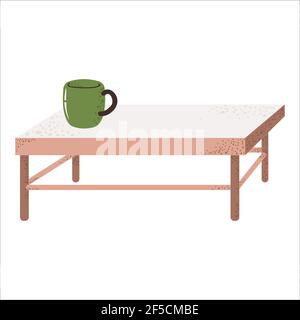 Niedlicher niedriger Couchtisch im skandinavischen Stil. Gemütlicher Holzschreibtisch mit einer Tasse Kaffee im flachen Cartoon-Design. Wohnzimmer Möbel isoliert auf whit Stock Vektor