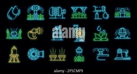 Symbole für Bewässerungssystem eingestellt. Umriss Satz von Bewässerungssystem Vektor-Symbole Neonfarbe auf schwarz Stock Vektor