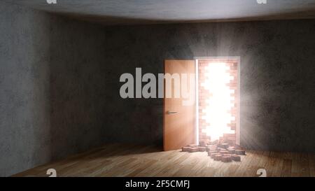 Licht und Partikel in einem dunklen Raum durch eine Bruchmauer mit sich öffnende Tür, Freiheitskonzept Stockfoto