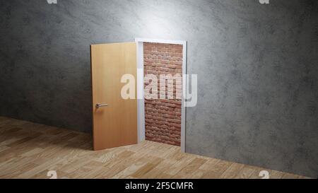 Die Tür öffnet sich, um die rote Ziegelwand zu enthüllen, die den Weg in einen langweiligen grauen Raum versperrt, hoffnungsloses Konzept Stockfoto