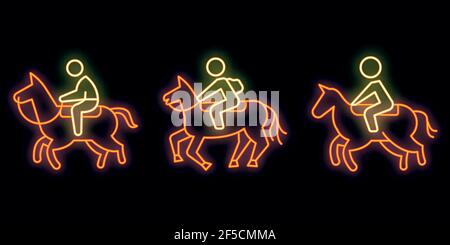 Reiter Symbole gesetzt. Umriss Satz von Reiten Vektor-Icons Neon-Farbe auf schwarz Stock Vektor