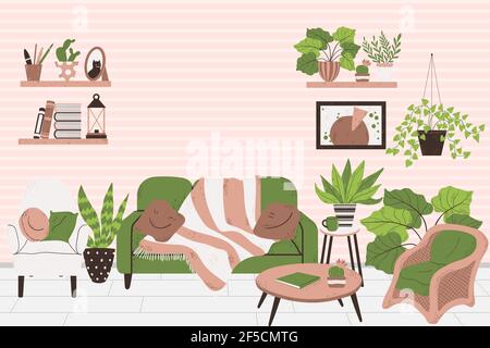 Gemütliches Interieur des Wohnzimmers im skandinavischen Stil. Horizontales Banner. Konzept zu Hause bleiben. Vektorhintergrund mit Platz für Text. Design eines gemütlichen r Stock Vektor