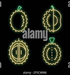 Durian-Symbole eingestellt. Umriss Satz Durian Vektor-Symbole Neonfarbe auf schwarz Stock Vektor