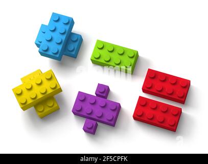 Bunte Spielzeug Bausteine mathematische Symbole 3D isoliert auf weiß Hintergrund Stockfoto