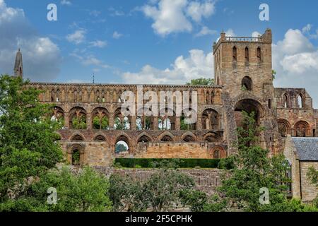 Jedburgh Abbey ist eine ruinierte Augustiner-Abtei aus dem 12th. Jahrhundert, die sich in Jedburgh, an der Grenze zu Schottland, befindet. Die Abtei wurde 1138 gegründet. Stockfoto