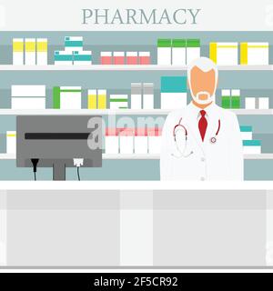 Alter Mann Senior Apotheker in der Apotheke oder Drogerie. Vektorgrafik Stock Vektor