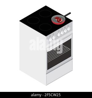 Zubereitung von Speisen. Gebratenes Steak in einer Bratpfanne auf dem Elektroherd isometrische Ansicht. Kochkonzept Stock Vektor