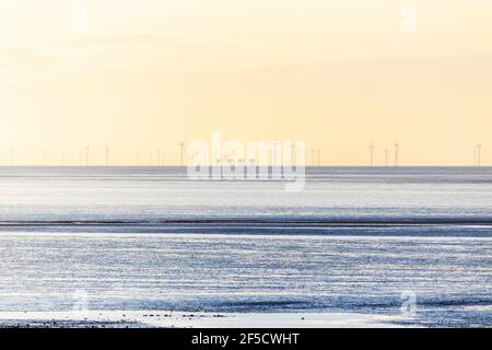 Red Sands Fort und Windturbinen bilden einen Teil von London Array Wind Farm an der Mündung der Themse Mündung bei Daybreak An einem Märzmorgen Stockfoto