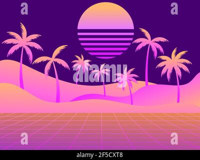 80s Retro Sci-Fi Landschaft mit Palmen. Futuristische Retro-Sonne. Synthwave Retro Hintergrund. RetroWave minimalistischer Stil. Vektorgrafik Stock Vektor