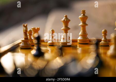 Schachbrett mit weißen Figuren an einem sonnigen Tag mit Bokeh und verschwommene schwarze Figuren und Hintergrund Stockfoto