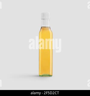 Mockup einer transparenten Glasflasche mit Oliven-, Sonnenblumen-, Sesamöl, mit Öffnungskontrolle, für die Präsentation von Design, Werbung für Öko-Produkte. Stockfoto