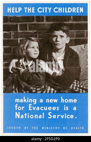 Britisch, WW2 Evakuierung von Kindern Plakat Appell, Hilfe der Stadt Kinder - Making a New Home für Evakuierte ist ein nationaler Dienst, 1942-1945 Stockfoto