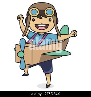 Kind Charakter trägt Pilotenmütze spielt mit Spielzeug Flugzeug aus Pappe. Buchillustration Für Kinder. Vektor. Stock Vektor