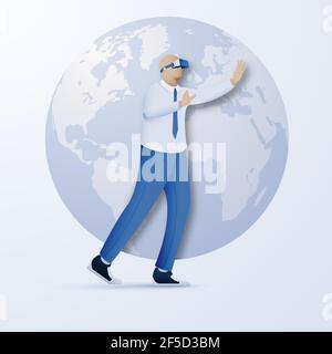 Ein Mann in einer Virtual-Reality-Brille kommt mit Händen vor dem Globus angeordnet. Vektorgrafik. Stock Vektor