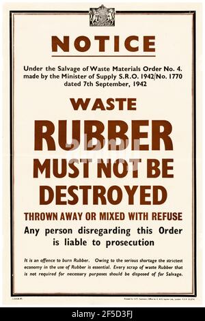 British, WW2, Recycling Poster: Waste Rubber darf nicht zerstört werden, Poster, 1942-1945 Stockfoto