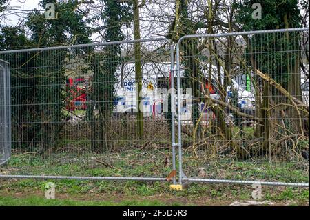 Aylesbury Vale, Buckinghamshire, Großbritannien. März 2021, 24th. HS2 verwenden eine neue Taktik gegen Stop HS2 Demonstranten durch bösartige Wachhunde auf den HS2 Verbindungen. Die sehr umstrittene und zu günstige High Speed 2 Bahnverbindung von London nach Birmingham ist eine riesige Narbe über die Chilterns, die eine AONB ist. Quelle: Maureen McLean/Alamy Stockfoto