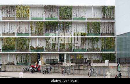 Basel, Schweiz - März 21st 2021: Grüne Fassade des Stuecki Zentrums Stockfoto