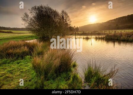 Sonnenaufgang über dem Fluss Chess in Latimer bei Chesham, The Chilterns AONB, England Stockfoto