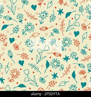 Nahtlose Vektor-Muster mit kleinen handgezeichneten Blumen auf weißem Hintergrund. Schlichtes Retro-Floral-Tapetendesign. Dekorative Vintage Mode Textil. Stock Vektor