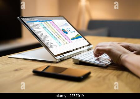 Elektronische Tabellenkalkulation Software Und Auditor Analyse Auf Laptop Stockfoto