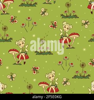 Nahtloses Vektor-Muster mit Feen und Pilzen auf grünem Hintergrund. Fantasy Wald Tapete Design für Kinder. Cartoon Magie Mode Textil. Stock Vektor