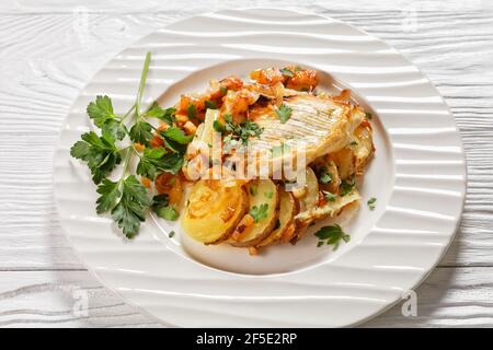 Tartiflette, französische Kartoffel, Speck und Käseauflauf auf einem weißen Teller, Nahaufnahme, französische Küche Stockfoto