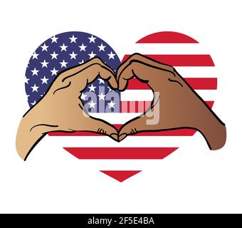 Vereinigte Staaten von Amerika Flaggenmuster auf Menschen Hände im Herzen für USA nationalen Feiertagen Konzept geformt. Alles gute zum Unabhängigkeitstag, alles gute zum 4th. Ju Stock Vektor