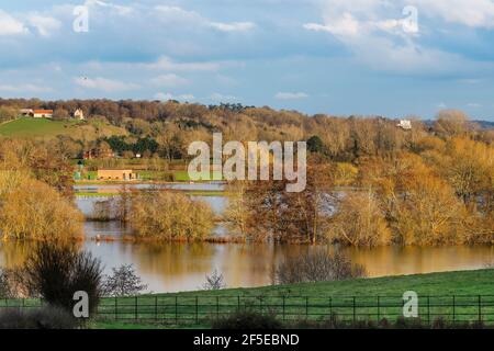 Die überflutete Themse in der Nähe von Medmenham mit Danesfield House Hotel weit darüber hinaus, von Culham aus gesehen. Aston, Remenham, Berks, Großbritannien Stockfoto