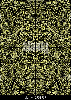 Erstaunlich psychedelisch ornamental abstrakter Hintergrund, gelbe Umrisse, isoliert auf schwarz. Dekorative, modische Textur. Vector Mandala schamanic illustratio Stock Vektor