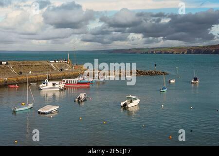Die Hafenmauer in dieser beliebten Stadt für Delfinbeobachtung, Tourismus und kommerzielle Kleinfischerei; New Quay, Ceredigion, Wales, Großbritannien Stockfoto