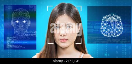 Überwachungs- und Sicherheitskonzept, asiatische Frauen mit Gesichtserkennung und Gesichtserkennung Technologie mit KI und Gehirn-Plattform für die Zugangsberechtigung Stockfoto