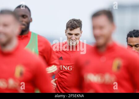 Der belgische Thomas Meunier, aufgenommen während einer Trainingseinheit der belgischen Nationalmannschaft Red Devils, Freitag, 26. März 2021 in Tubize, vor der Worl Stockfoto