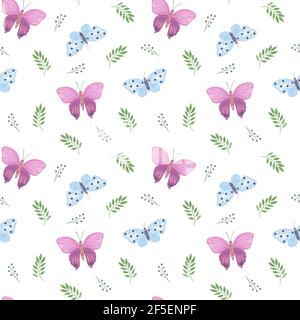 Blau, violett Schmetterlinge, grün Blätter nahtlose Muster Aquarell Illustration einfache handgezeichnete Illustration für Textil, Geschenkpapier, Frühlingsurlaub Stockfoto