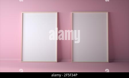 Leere zwei Bilderrahmen an hellrosa Wänden verspotten sich. 3d-Rendering Stockfoto