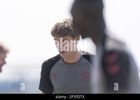 Bök, Ungarn. März 2021, 26th. Mads Roerslev aus Dänemark bei einem Training in Bök Werk in Bök während der UEFA EURO U-21 Meisterschaft gesehen. (Foto Kredit: Gonzales Foto/Alamy Live News Stockfoto