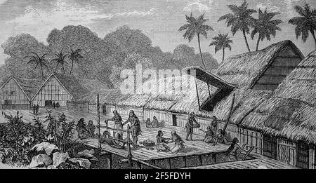 Dorf der Volksgruppe Dajak auf Borneo, Indonesien, 1880 / Dorf der Volksgruppe Dajaks auf Borneo, Indonesien, im Jahr 1880, Historisch, historisch, Digitale verbesserte Reproduktion eines Originals aus dem 19th. Jahrhundert / digitale Reproduktion einer Originalvorlage aus dem 19. Jahrhundert, Stockfoto