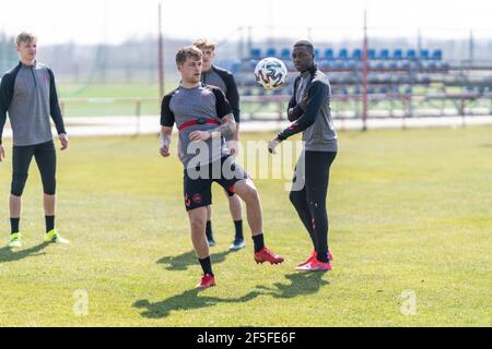 Bök, Ungarn. März 2021, 26th. Carlo Holse aus Dänemark bei einem Training in Bök Werk in Bök während der UEFA EURO U-21 Meisterschaft gesehen. (Foto Kredit: Gonzales Foto/Alamy Live News Stockfoto