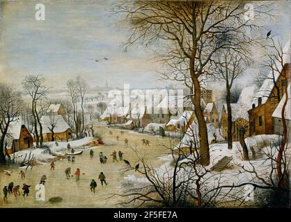 Titel: Winterlandschaft mit Skater und Vogelfalle Ersteller: Pieter Bruegel der Ältere Datum: 1565 Medium: Öl auf Platte Größe: 37x55,5 cm Standort: Musees Royaux des Beaux-Arts de Belgique, Brüssel, Belgien Stockfoto