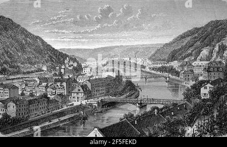 Bad Ems an der Lahn, Rheinland-Pfalz, Deutschland, im Jahr 1880 / Bad Ems an der Lahn, Rheinland-Pfalz, Deutschland, im Jahr 1880, Historisch, Historische, digital verbesserte Reproduktion eines Originals aus dem 19th. Jahrhundert / digitale Reproduktion einer Originalvorlage aus dem 19. Jahrhundert, Stockfoto